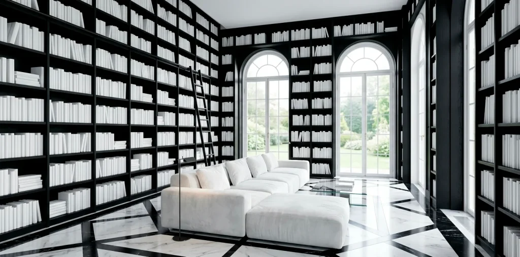 Wide panoramic view of a luxury black and white home library with floor-to-ceiling shelves and white sofa.