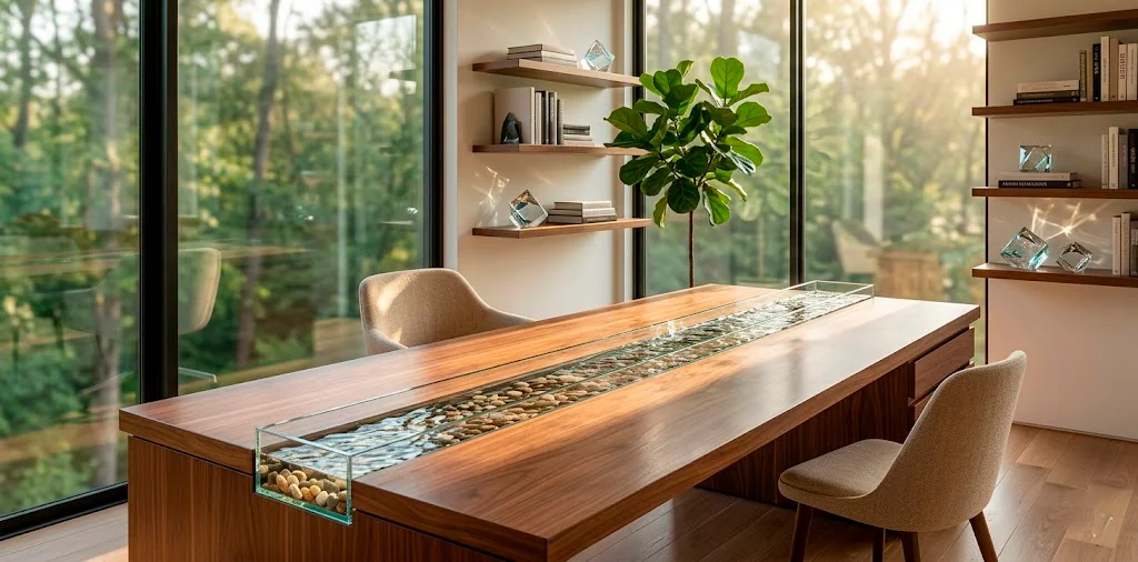 Wide panoramic view of a modern home office featuring integrated glass water sculptures and soft natural light.