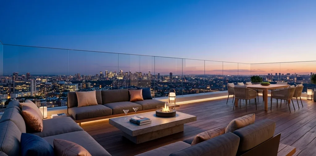 Luxurious penthouse balcony with minimalist glass railing and city skyline at dusk.