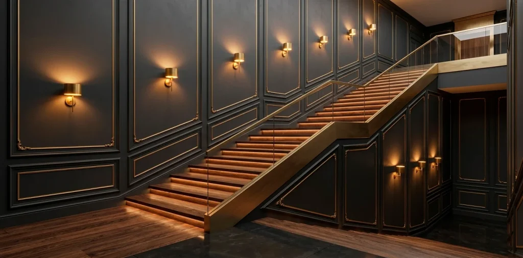 Moody charcoal staircase wall with gold trim and brass lighting, modern luxury interior design.