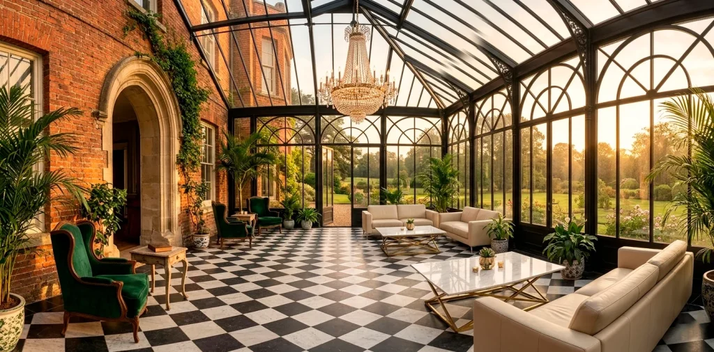 Luxurious Victorian sunroom with black iron arched windows, checkerboard floors, and modern furniture at golden hour.