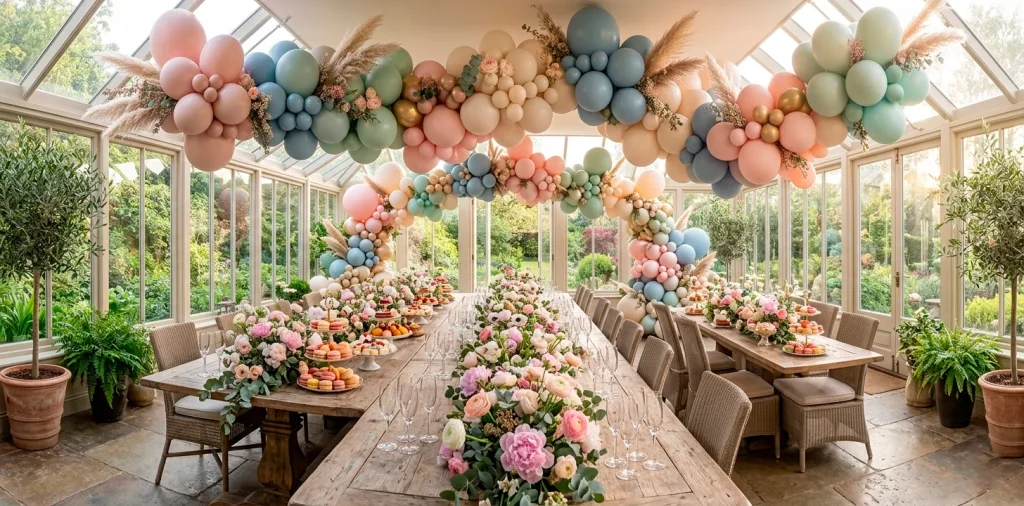 Wide panoramic view of a Mother's Day brunch setting with multiple whimsical pastel balloon arches.