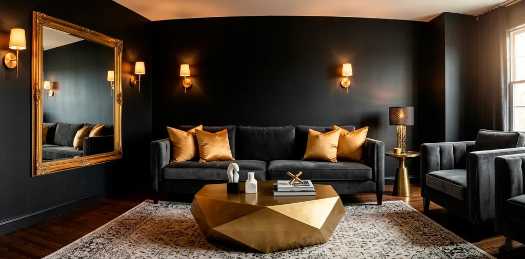 Luxurious small living room with matte black walls, gold furniture, and warm lighting in a seamless wide shot.