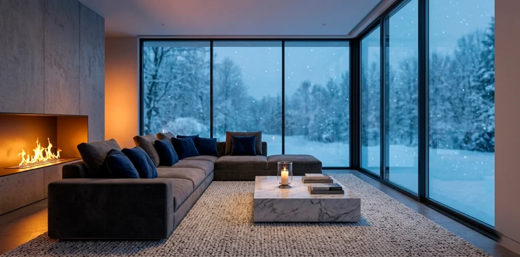 Luxe winter living room featuring navy blue velvet throw pillows on a dark sofa near a glowing fireplace.