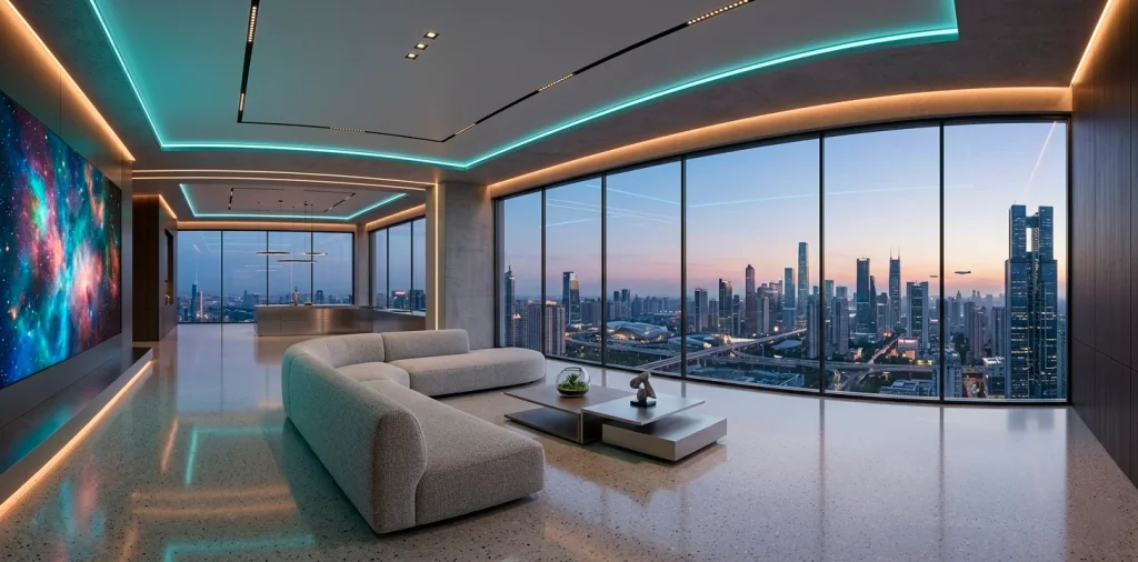 Futuristic 2026 living room with integrated AI lighting, digital art walls, and minimalist smart furniture.