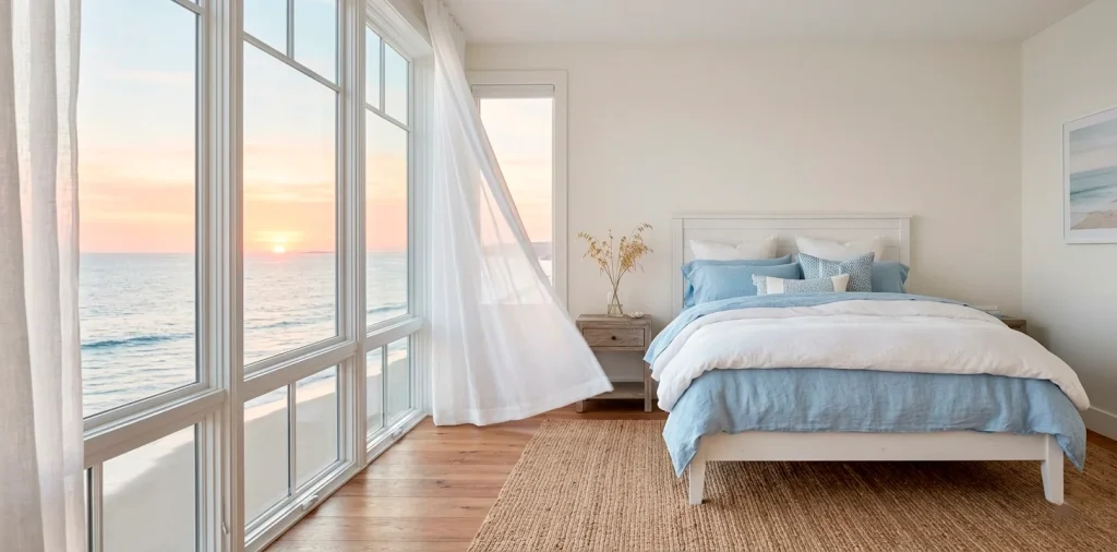 Wide view of a bright coastal guest bedroom with blue linens and an ocean view through the window.