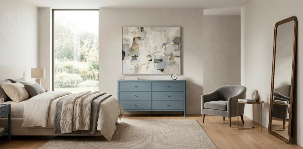 Large dusty blue dresser in a neutral cream bedroom with natural lighting and soft textures.
