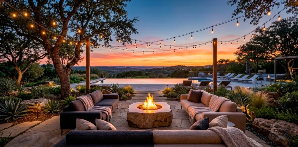 Luxury backyard oasis with fire pit, comfortable seating, and elegant lighting at sunset.