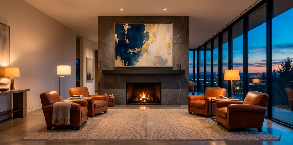 Large navy and gold abstract painting hanging over a modern stone fireplace in a luxury living room.