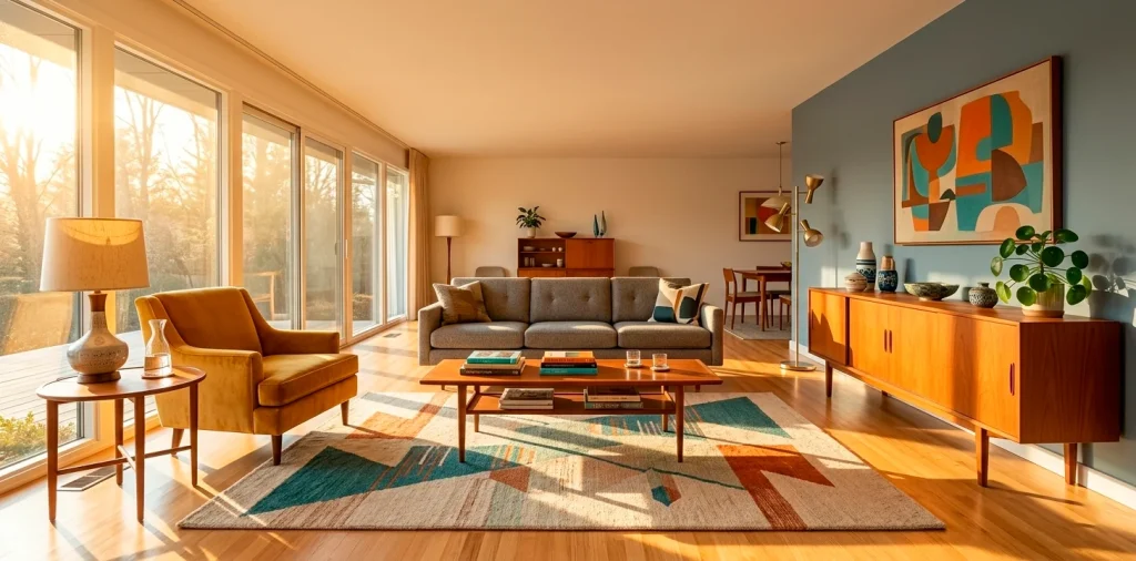 Wide shot of a modern living room featuring curated mid-century modern furniture flips and retro decor.