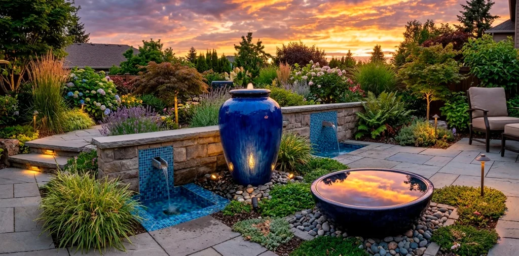 Serene small yard with various blue water features and lush greenery at sunset.