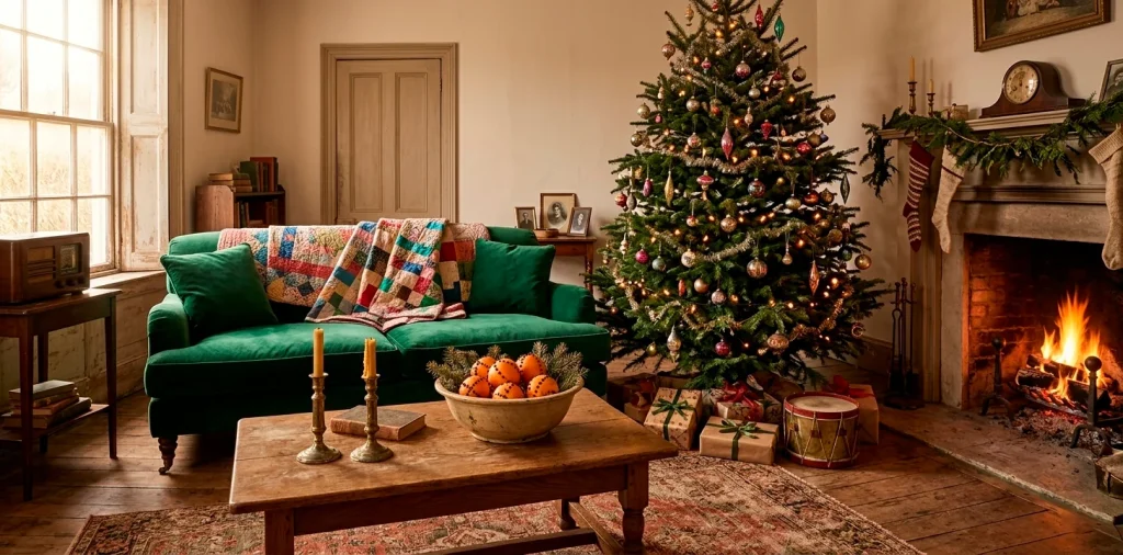 Cozy living room with vintage Christmas heirloom decor, antique ornaments, and warm fireplace glow.