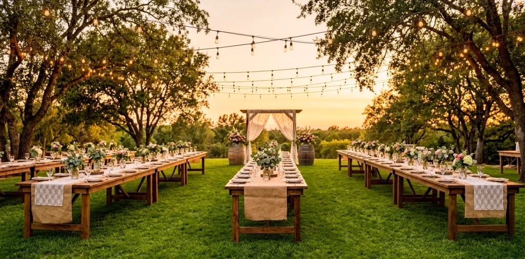 Wide panoramic view of a rustic backyard wedding with burlap and lace table decor and string lights.