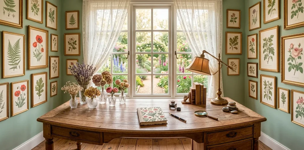 Wide landscape view of a soft floral cottagecore home office with vintage furniture and garden views.
