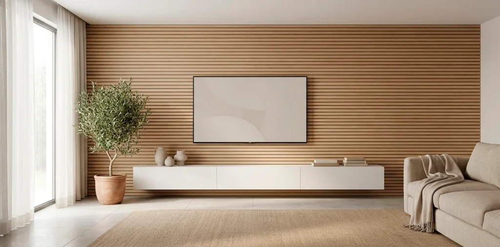 Modern Scandinavian living room featuring a wooden slat TV wall and white floating console.