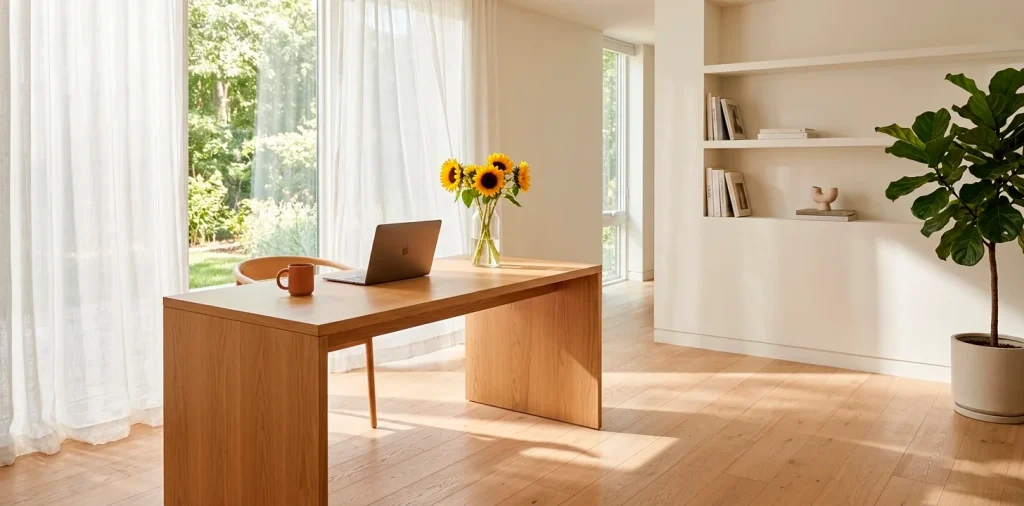 Wide shot of a bright summer home office with natural light, sheer curtains, and a minimalist oak desk.