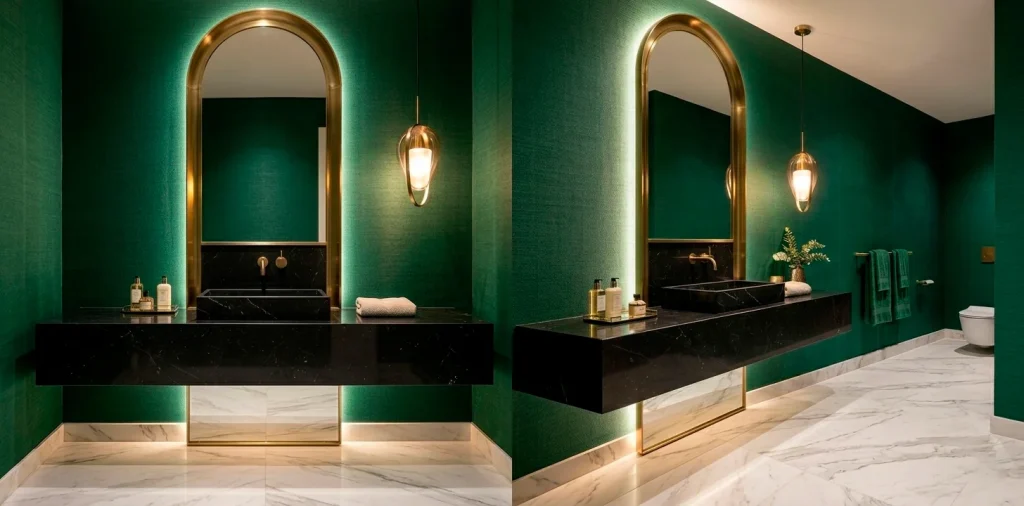 Luxurious powder room with black marble vanity, emerald wallpaper, and brass accents in a seamless wide shot.