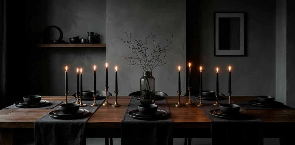 Wide shot of a moody Scandi-Noir Thanksgiving table with black stoneware and flickering candles.