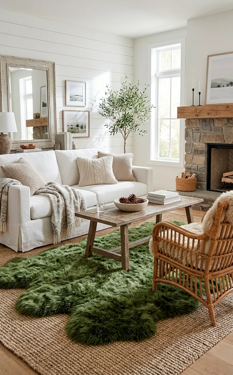 Faux fur moss green rug layered over jute in a modern farmhouse living room.