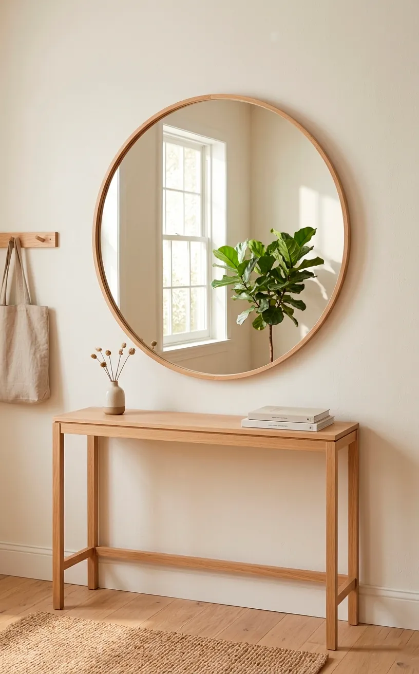 Large round wooden mirror hanging in a minimalist Shaker foyer.