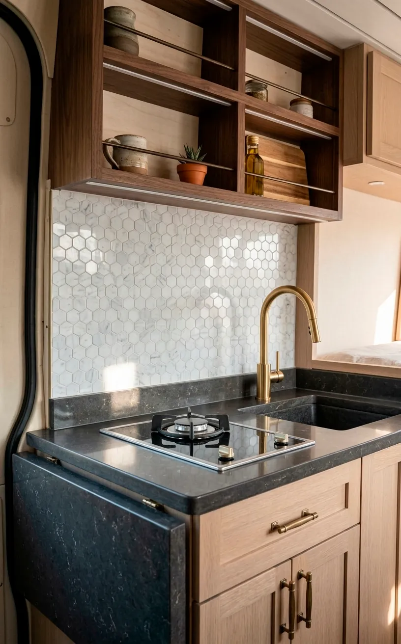 Luxury van kitchen with quartz countertops and gold faucet details.