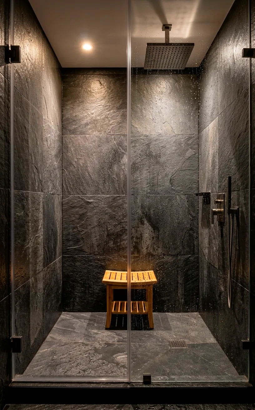 Walk-in shower with dark slate wall tiles, a glass door, and a decorative bamboo stool.