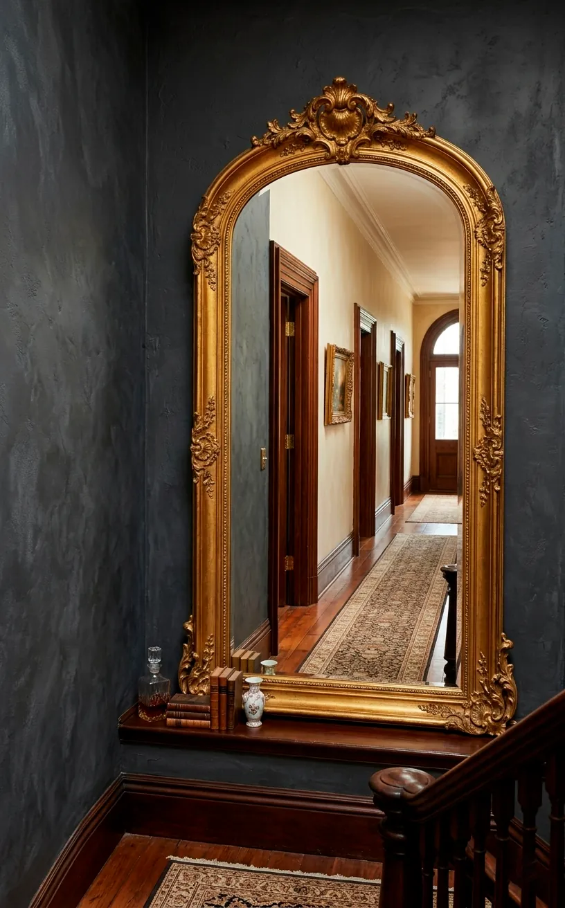 Large gold floor mirror on a charcoal staircase landing.