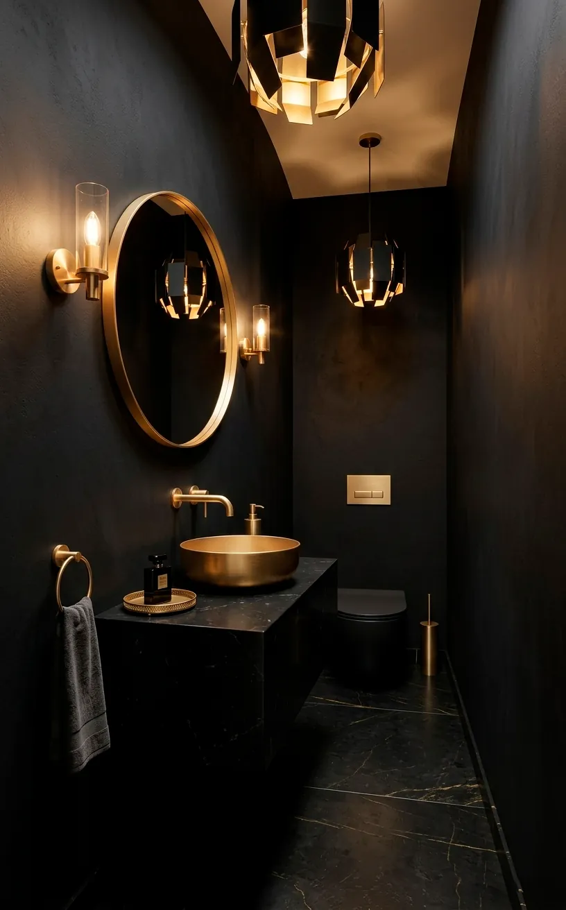Black powder room with brushed gold fixtures and a round mirror.