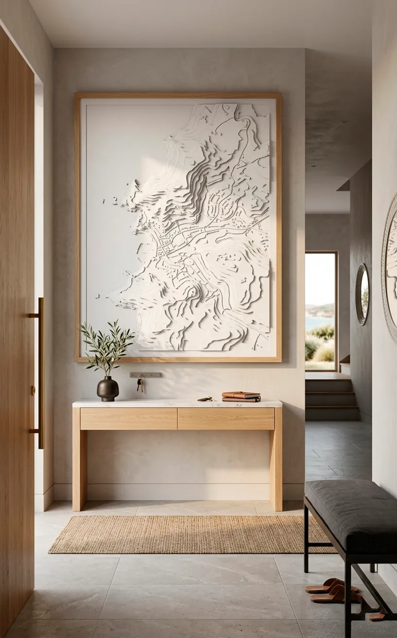 3D white paper topographic map framed in oak hanging in a modern entryway.