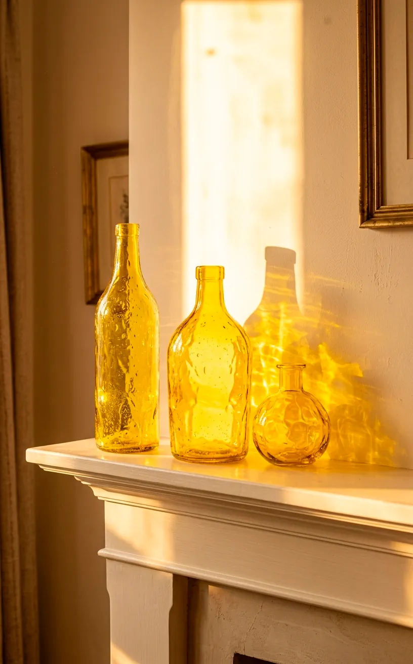 Textured yellow glass bottles on a mantle catching sunlight.