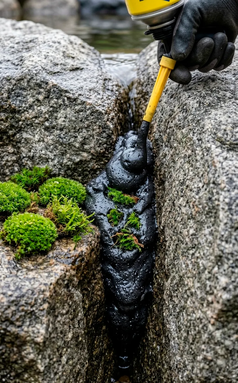 Applying black waterfall foam between rocks to prevent leaks.
