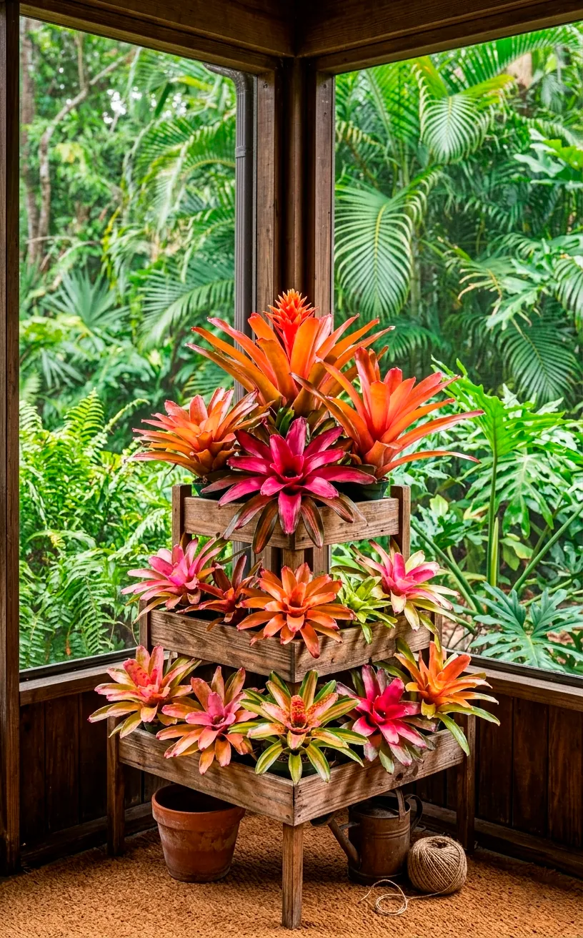 Group of colorful Bromeliads on a wooden plant stand.