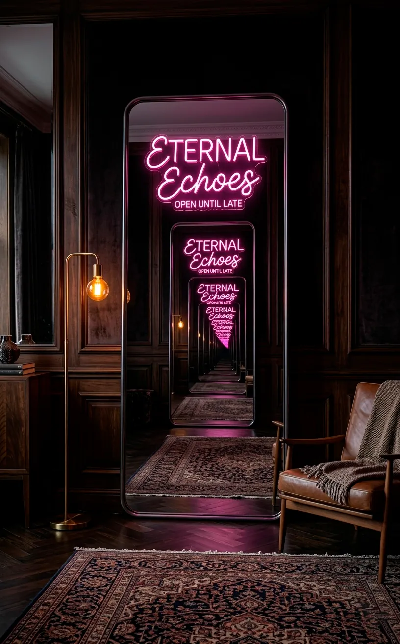 Mirror reflecting a pink neon sign creating a depth effect in a dark bedroom.