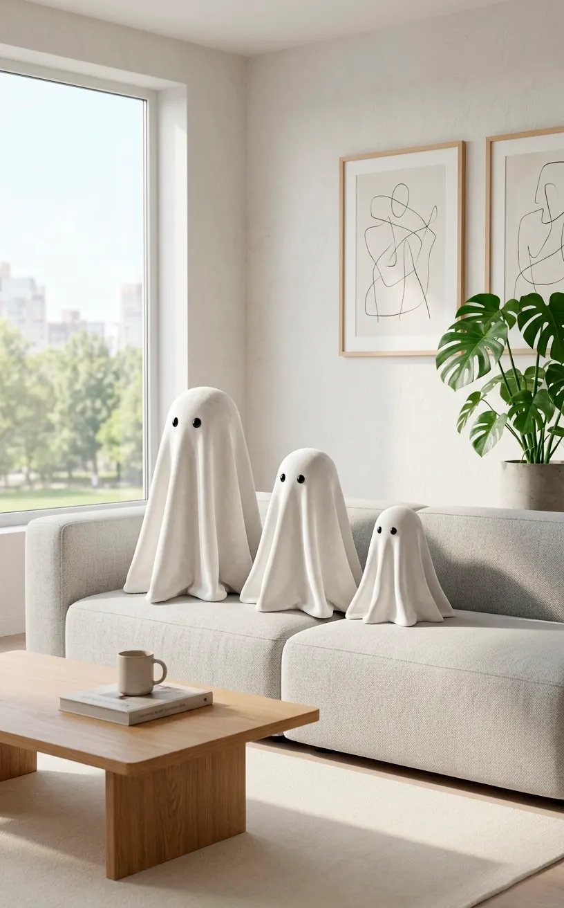 Chic white velvet ghost decorations with black eyes on a modern gray sofa