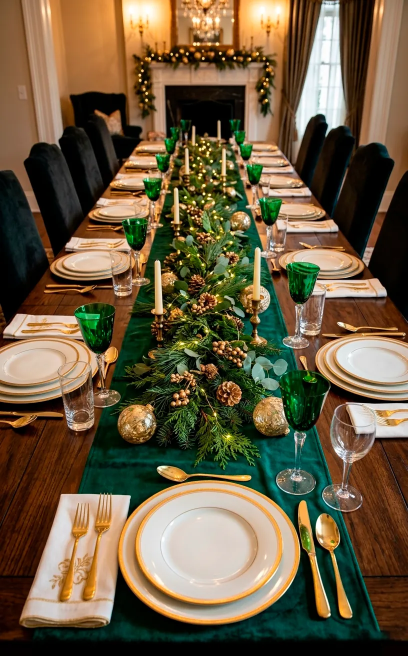 Elegant holiday table setting with emerald velvet runner and gold-rimmed plates.