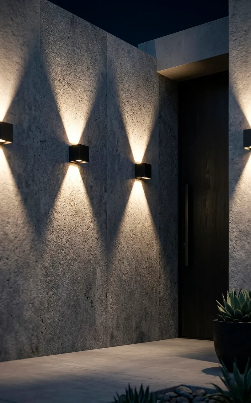Modern outdoor wall sconces casting sharp light beams on a grey wall.