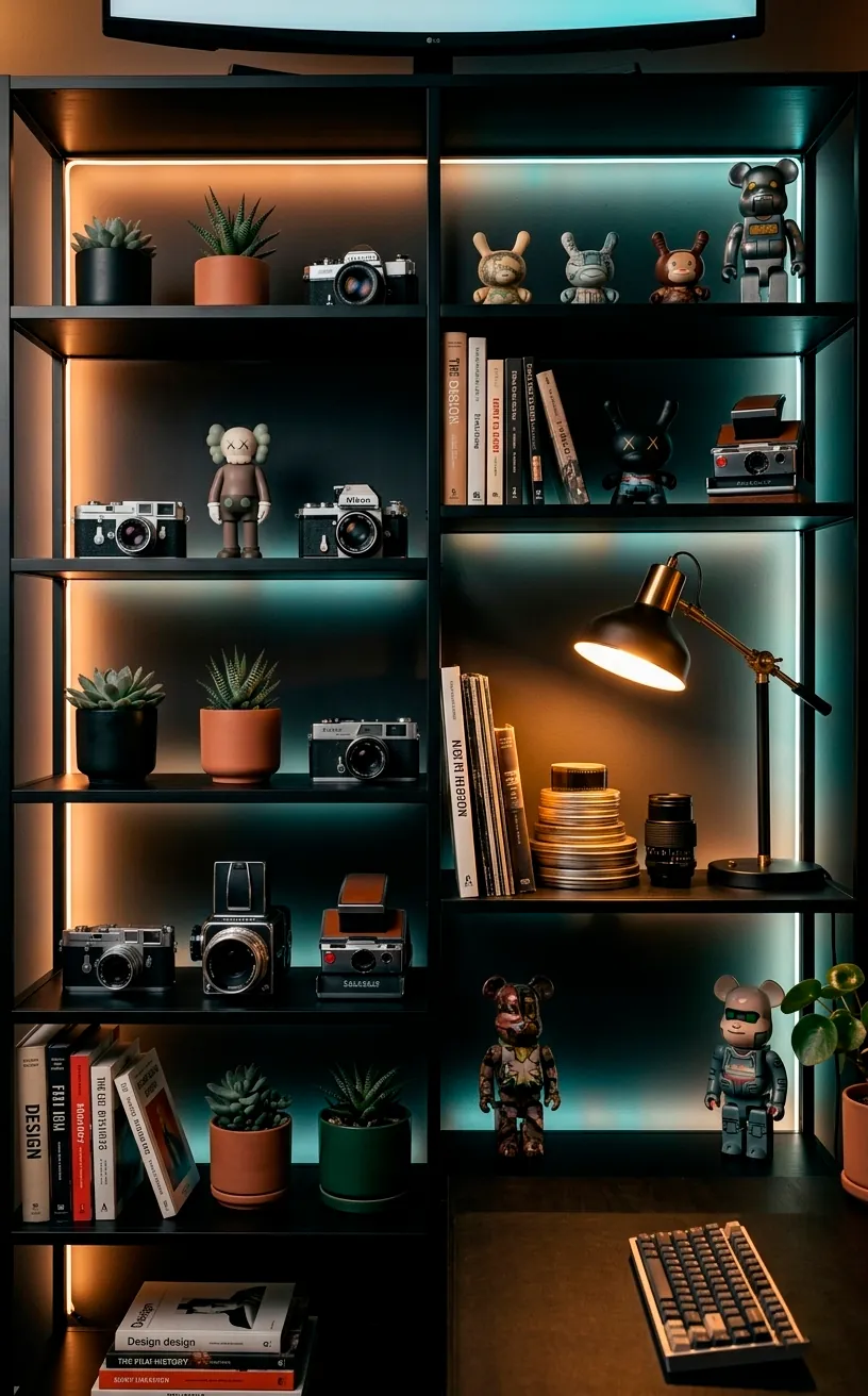 Stylized bookshelf background for a content creator with RGB lighting and collectibles.