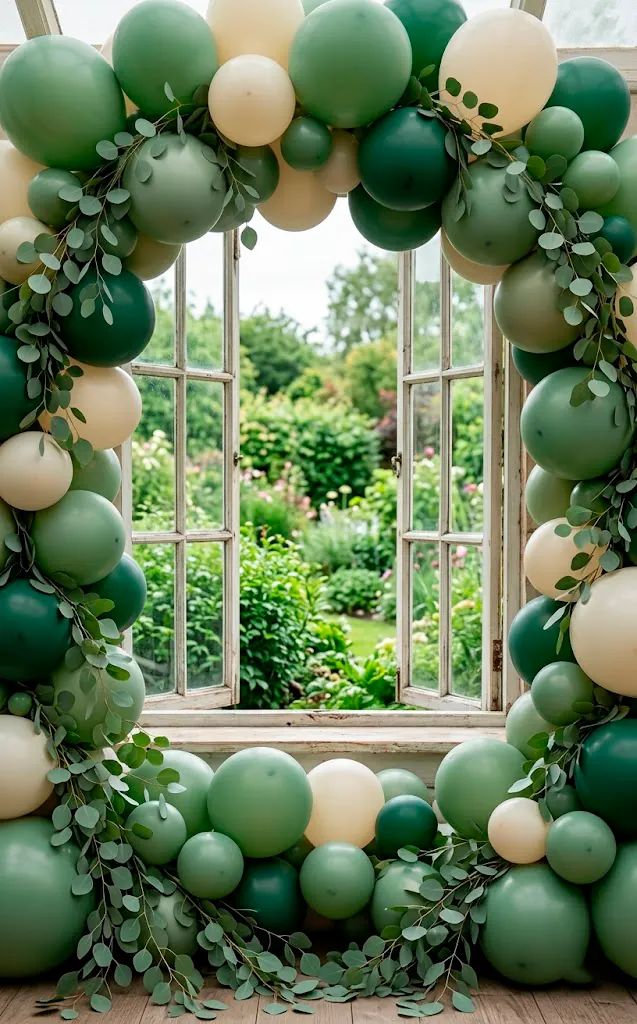 Sage green and ivory balloon arch with cascading eucalyptus branches.