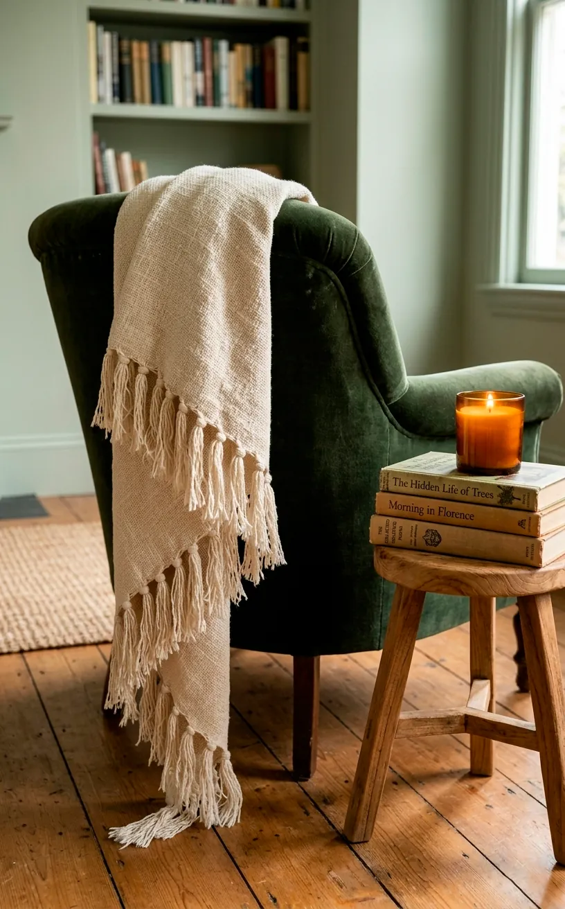 Cream cotton throw blanket with long tassels draped over a reading chair.