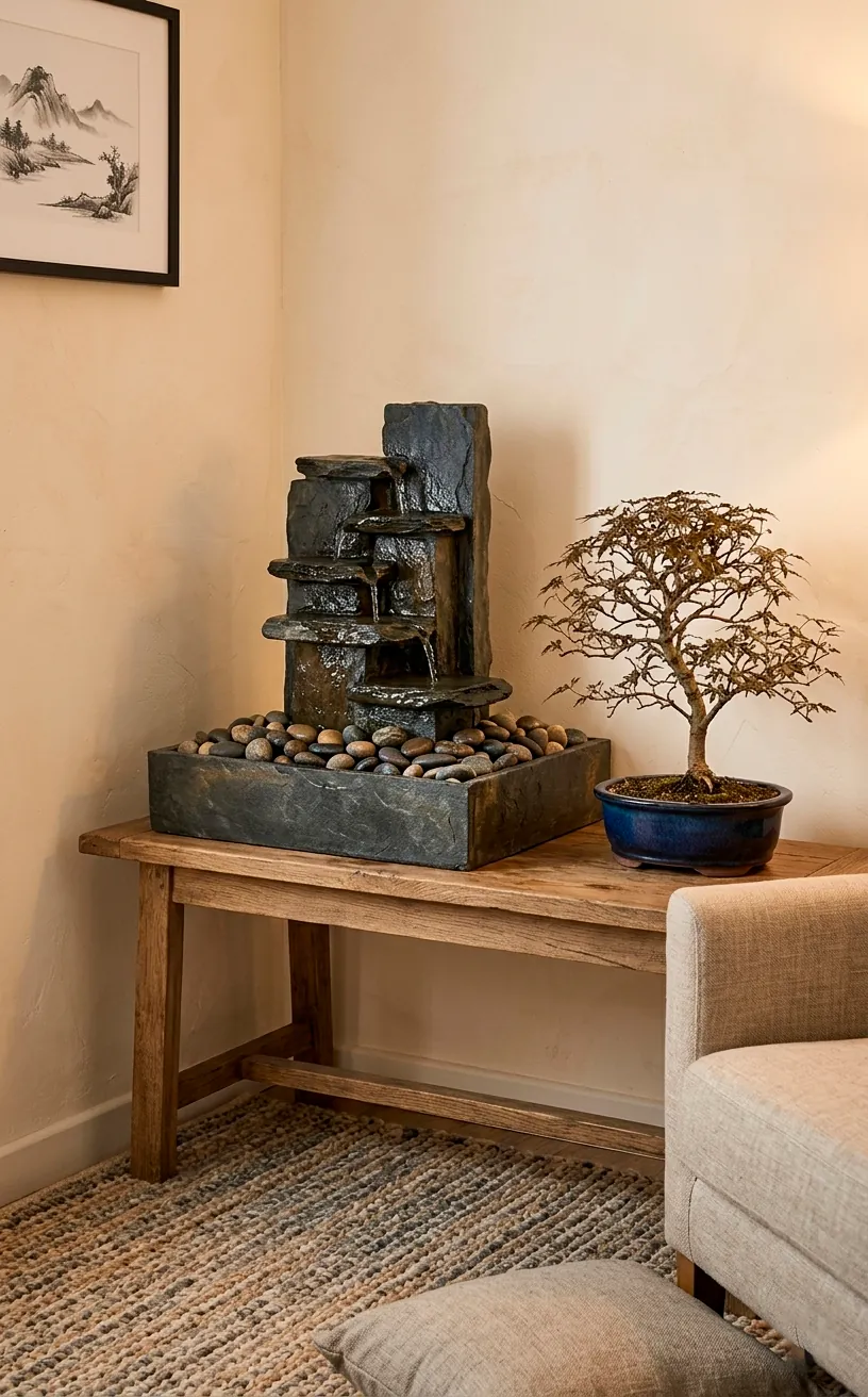 Minimalist tabletop water fountain with river stones in a calm living room.