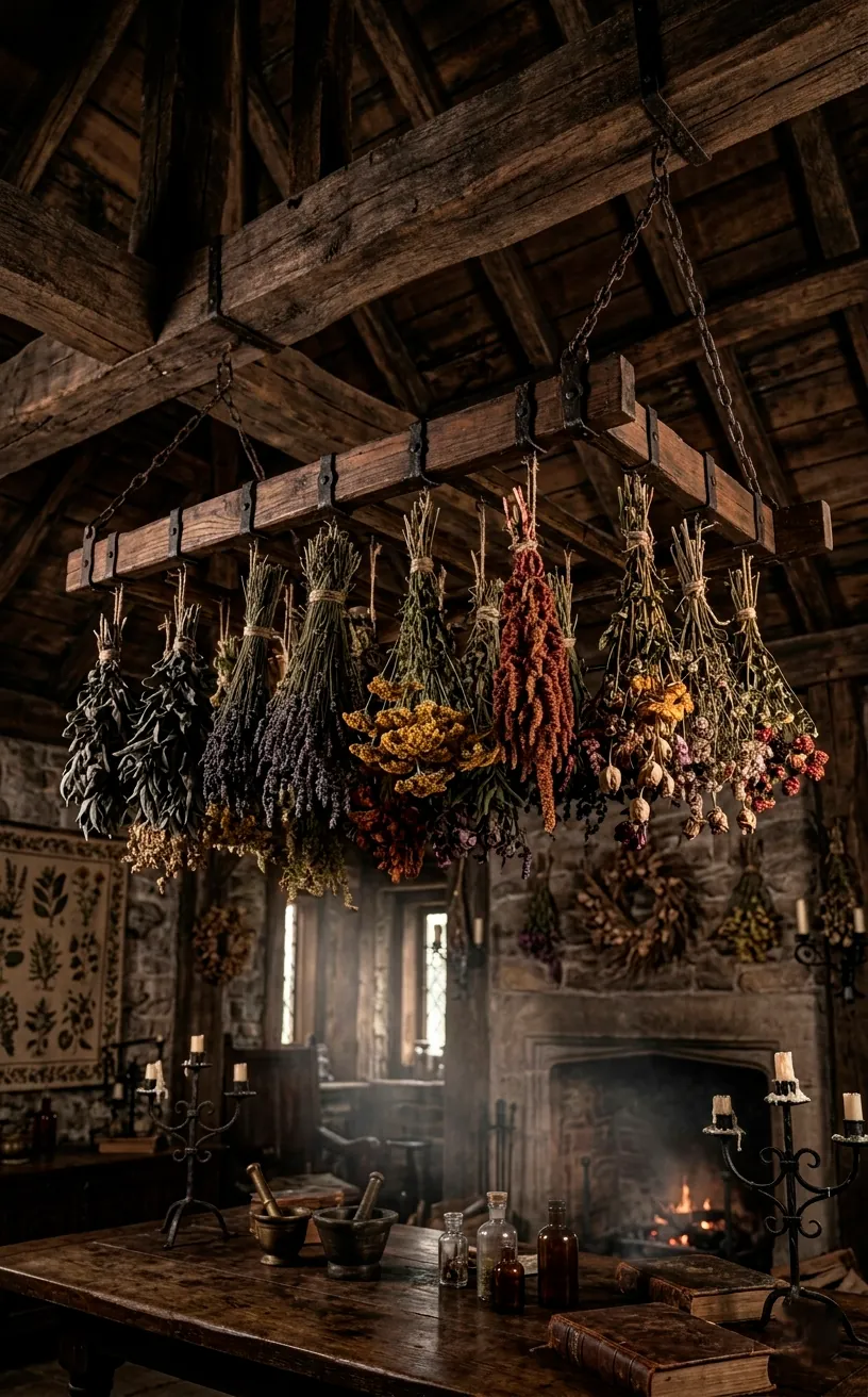 Dried herbs and flowers hanging from a ceiling rack in a dark room.