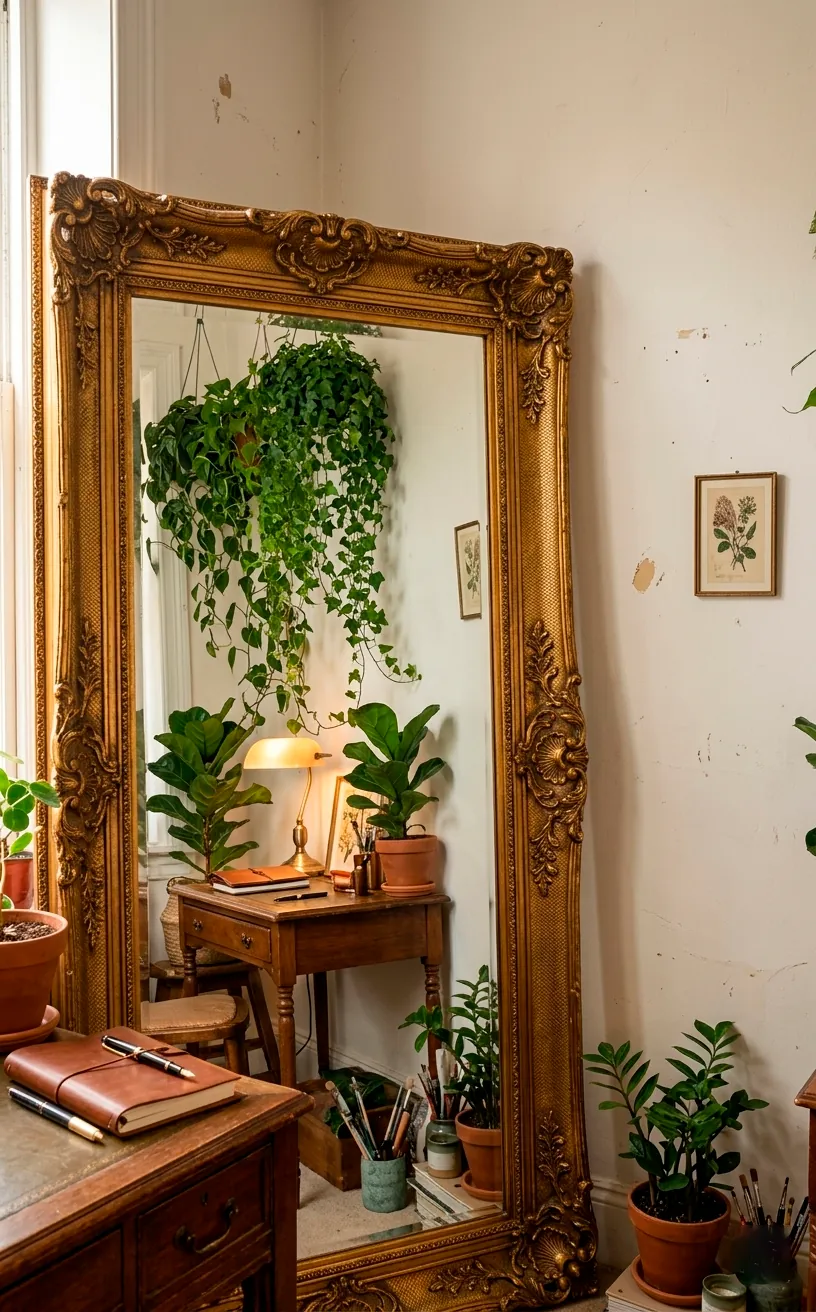 Large gold-framed mirror reflecting indoor plants and a wooden desk in a small studio apartment.