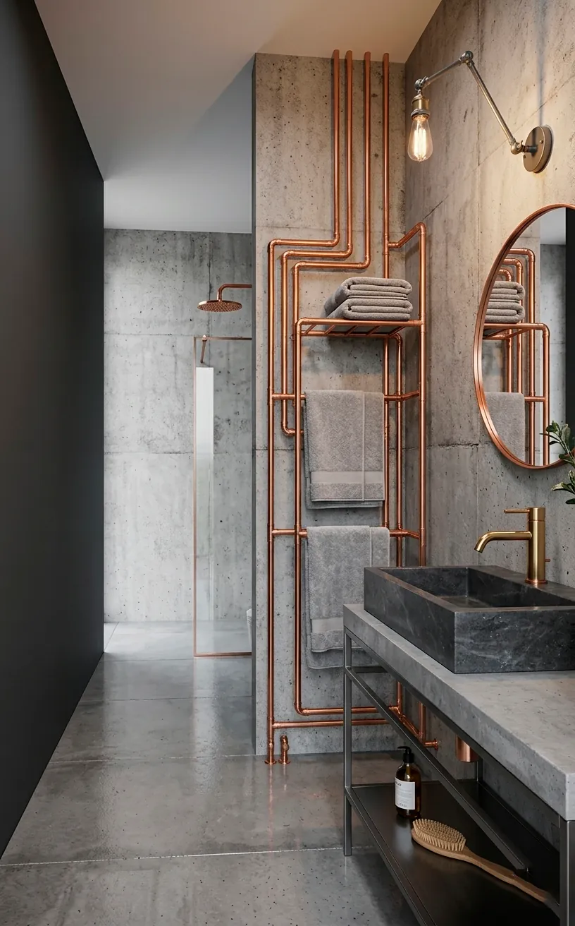 Exposed copper plumbing used as a towel rack on a concrete bathroom wall.
