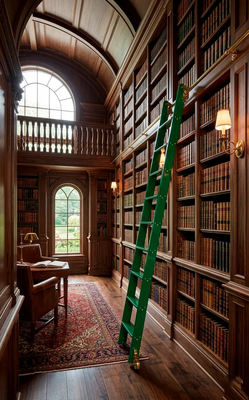 Tall emerald green rolling library ladder on brass rails with dark walnut shelves.