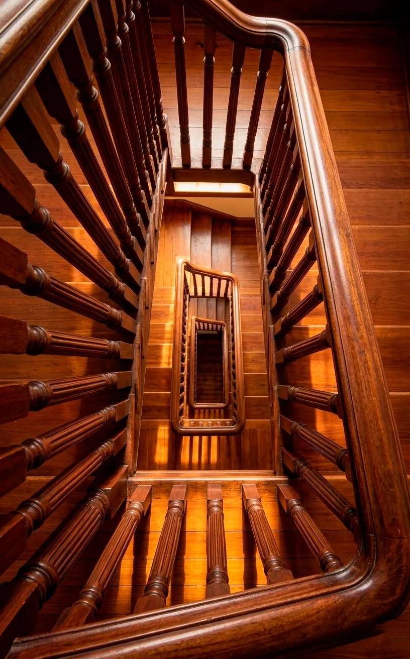 Intricate Victorian fluted wood balusters on a grand mahogany staircase railing.