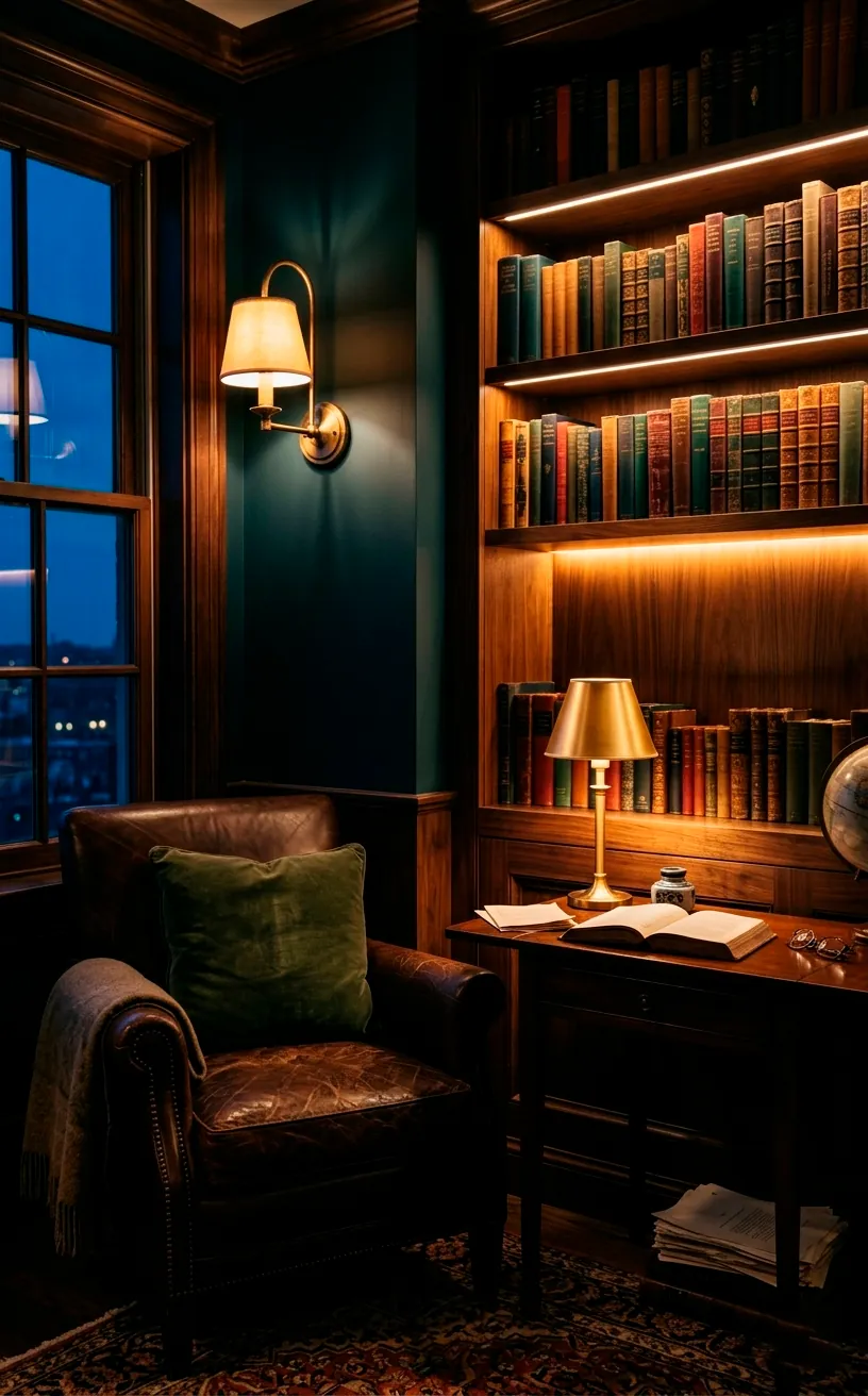 Small home library at dusk with warm layered lighting from a sconce and an LED strip.