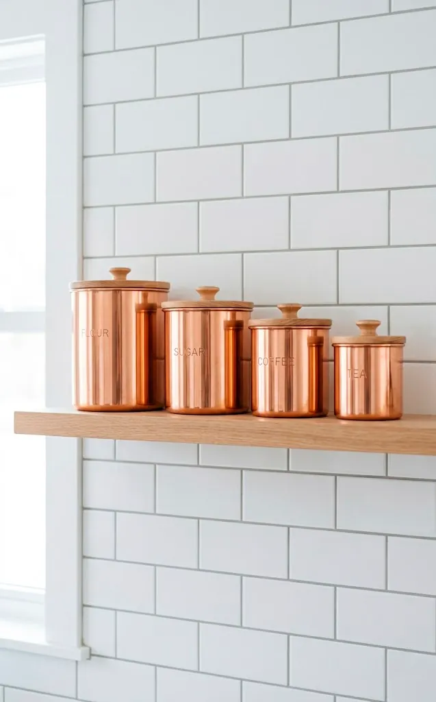 Set of four copper storage canisters with wooden lids on a modern kitchen shelf.