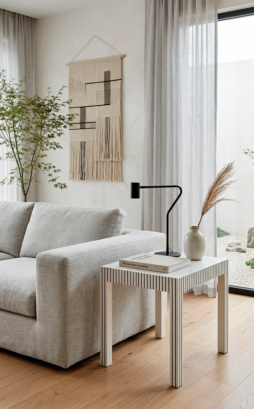 Minimalist white side table with thin black linear stripes in a Japandi-style living room.