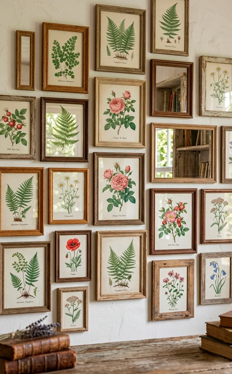 Gallery wall featuring various framed botanical illustrations and wildflower prints.