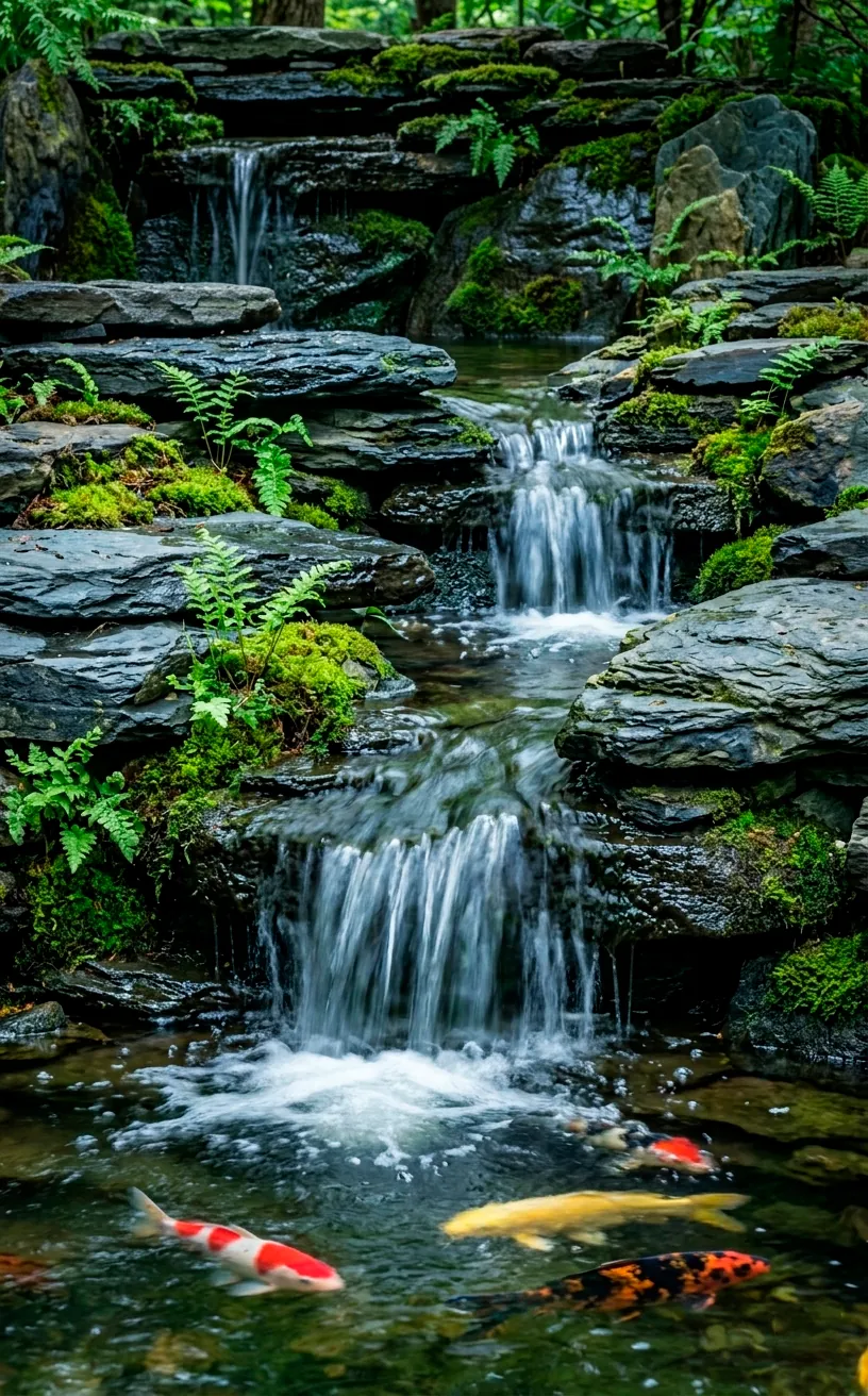 Tiered natural slate waterfall cascading into a backyard koi pond with lush greenery.